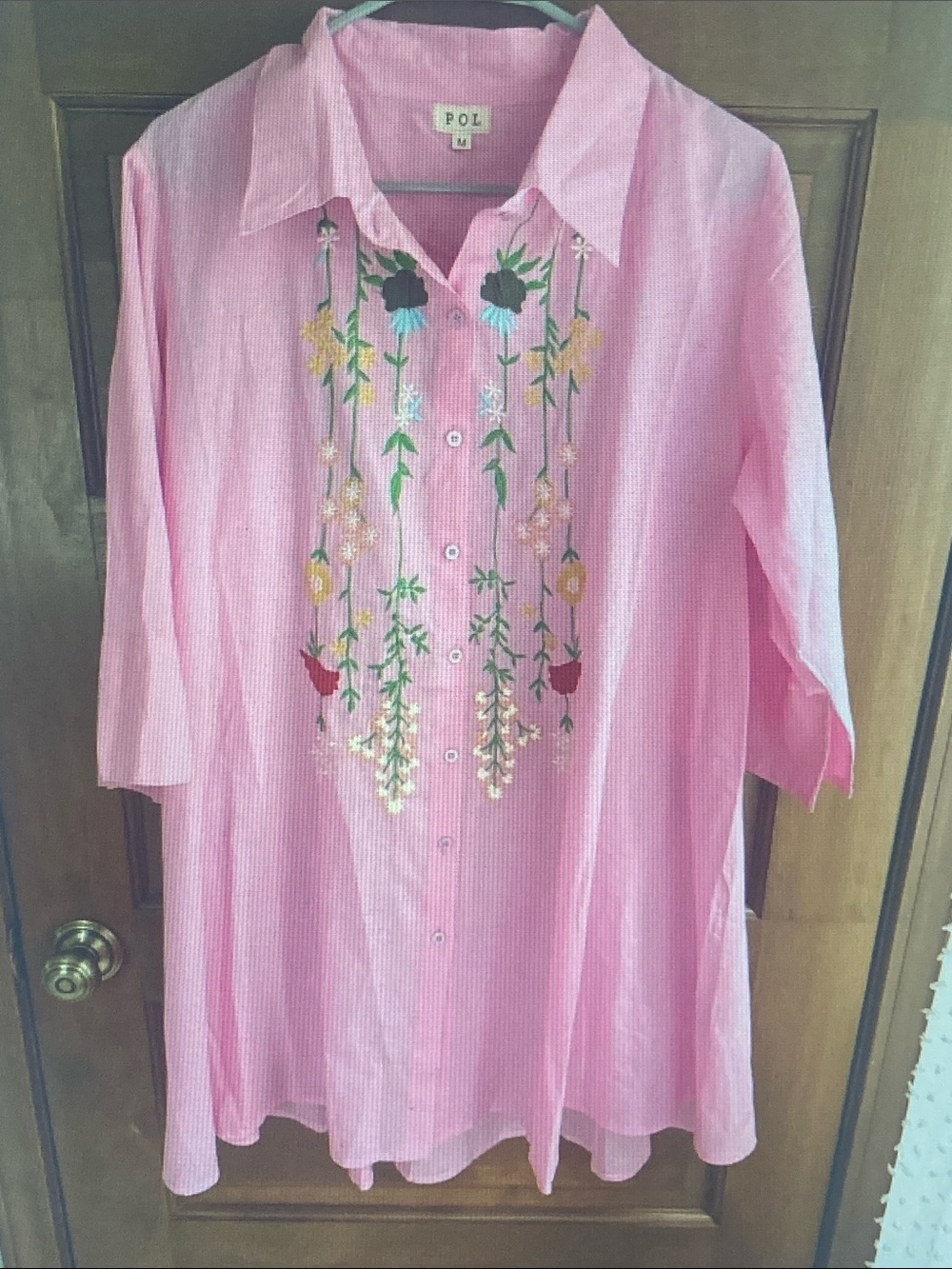 POL Pink Button-Front Tunic with Floral Embroidery